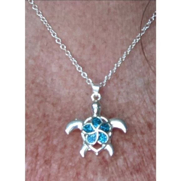 ADORABLE BLUE OPAL FLOWER SHELL SILVER SEA TURTLE NECKLACE - Picture 4 of 8